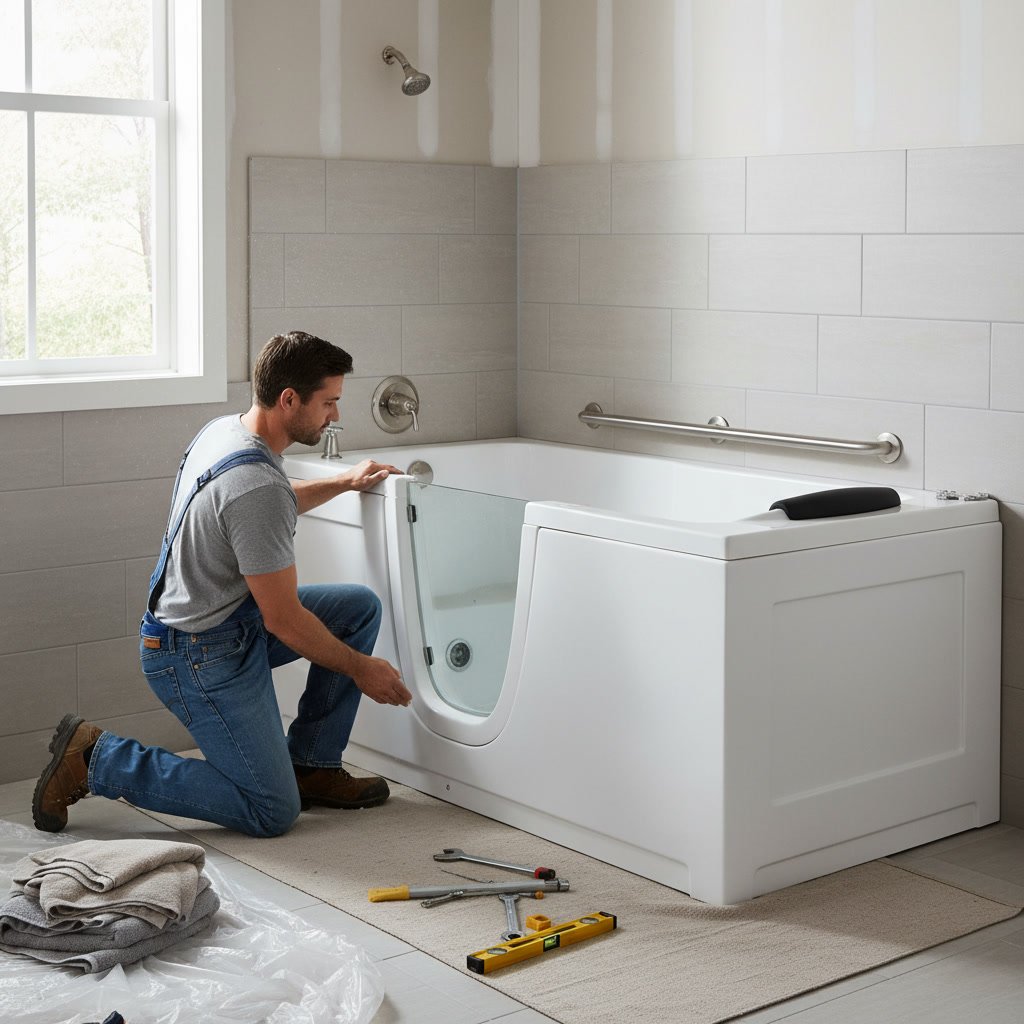 Walk-in tub installation in progress during bathroom remodel in Scott LA