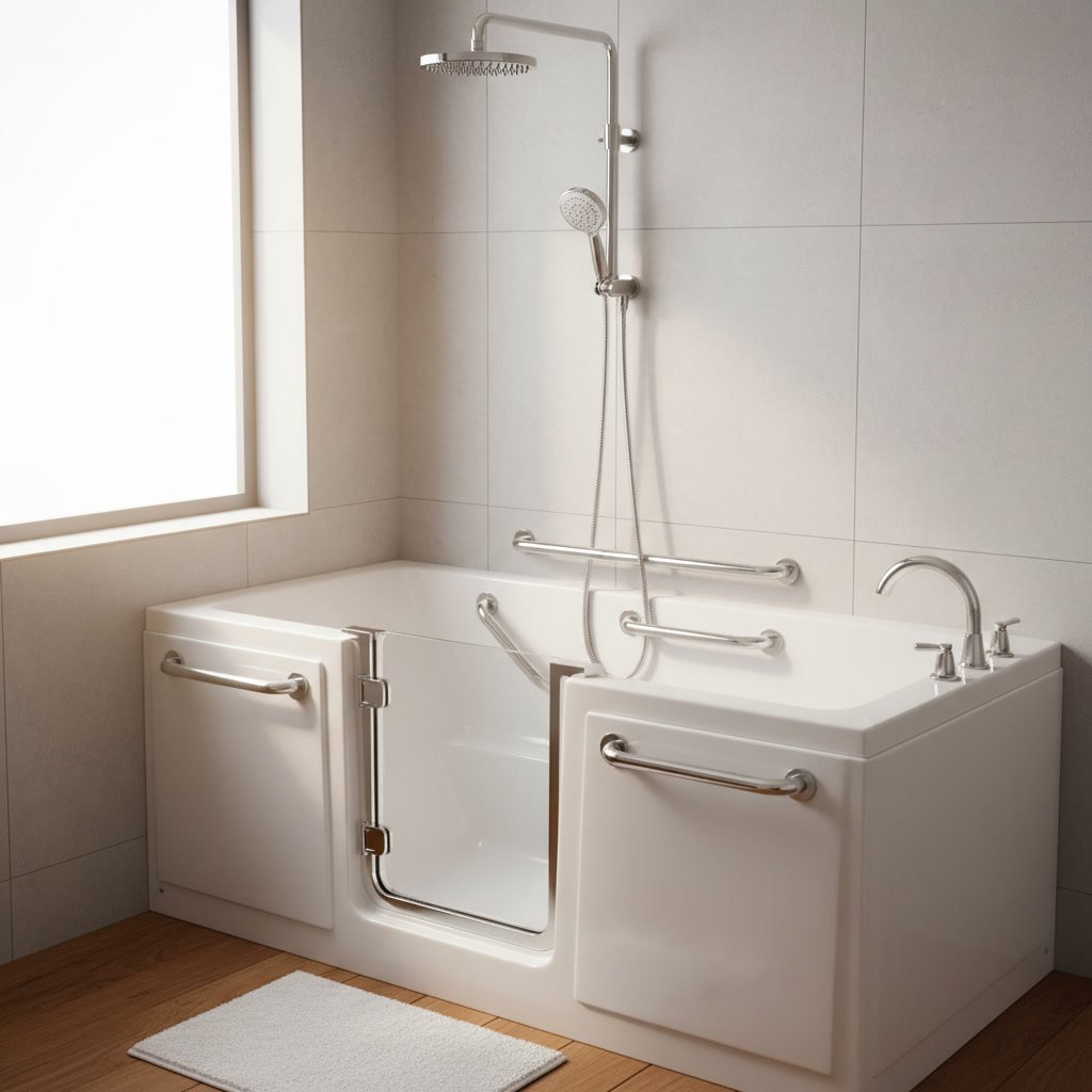 Walk-in tub with grab bars and low-threshold door in Duson bathroom remodel